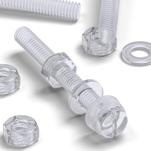 50x Clear Acrylic Slotted Knurled Thumbscrews M6 x 50mm, Nuts & Washers