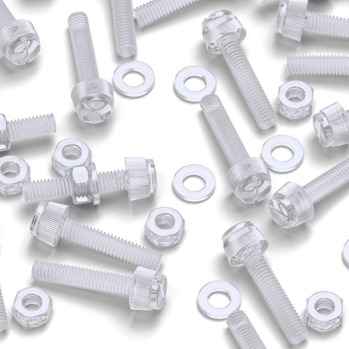 50x Clear Acrylic Slotted Knurled Thumbscrews M6 x 30mm, Nuts & Washers