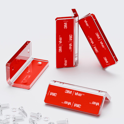 4x v2, 5mm thickness, Angled L Brackets, Polished Clear Acrylic + 20x M5 Bolts - (Right Angle Bracket), No glue required, Self Adhesive.