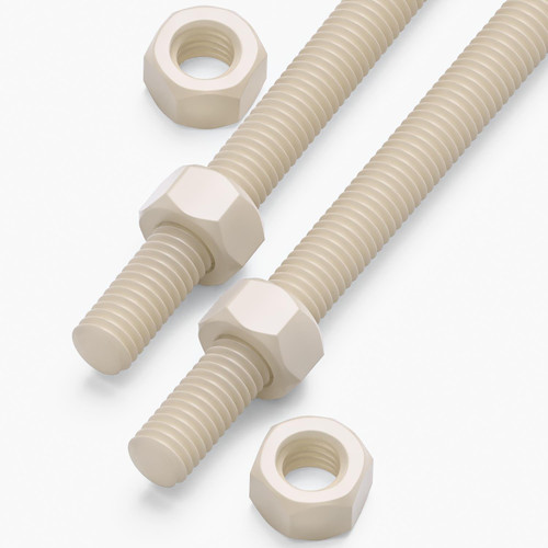 2x Natural Nylon PA66 M5 x 500mm Threaded Rods, Plastic Studding + 4 Nuts