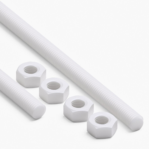 2x White Polypropylene (PP) M8 x 500mm Threaded Rods, Studding + 4 Nuts