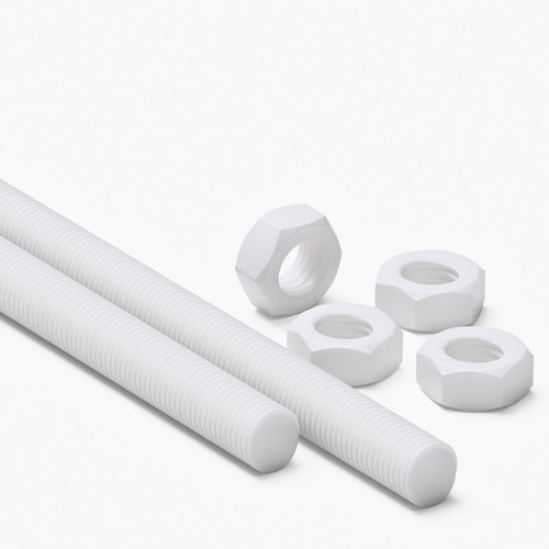 2x White PTFE M16 x 1000mm Threaded Rods, Plastic Studding + 4 Nuts