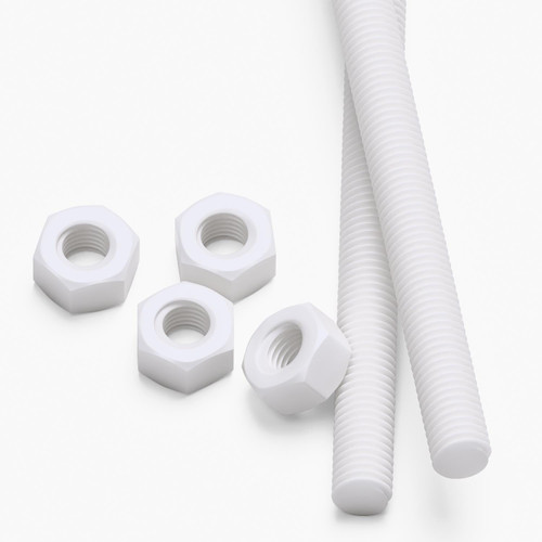 2x White PTFE M8 x 1000mm Threaded Rods, Plastic Studding + 4 Nuts