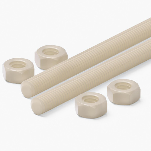 2x Natural Nylon PA66 M6 x 1000mm Threaded Rods, Plastic Studding + 4 Nuts