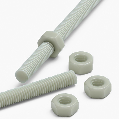2x Natural Nylon PA66+GF M6 x 200mm Threaded Rods, Studding + 4 Nuts