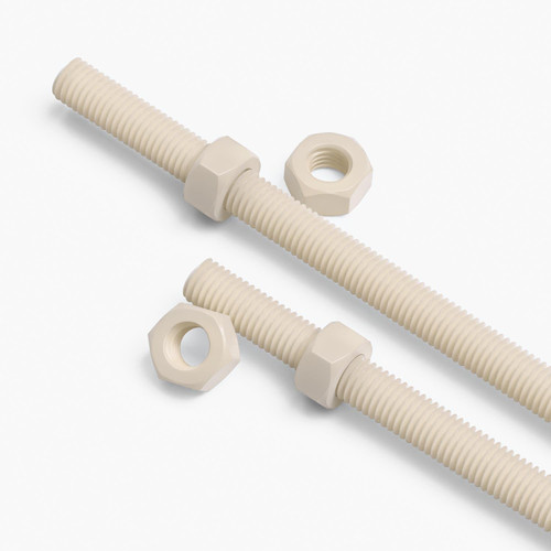 2x Natural Nylon PA66 M10 x 500mm Threaded Rods, Plastic Studding + 4 Nuts