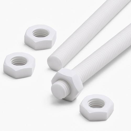 2x White PTFE M14 x 500mm Threaded Rods, Plastic Studding + 4 Nuts