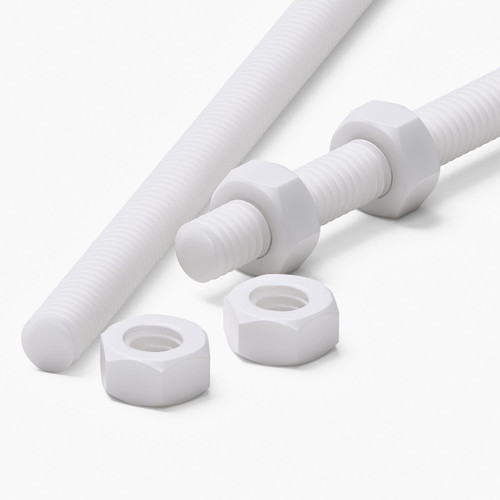 2x White PTFE M6 x 500 mm Threaded Rods — Plastic Studding