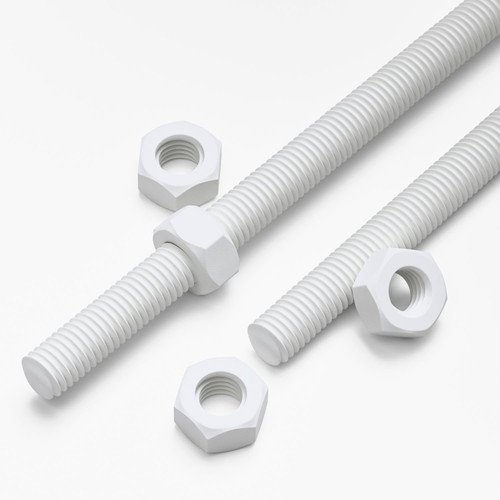2x White Polypropylene (PP) M10 x 1000mm Threaded Rods, Studding + 4 Nuts