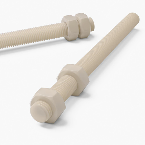 2x Natural Nylon PA66 M16 x 200mm Threaded Rods, Plastic Studding + 4 Nuts