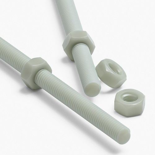 2x Natural Nylon PA66+GF M10 x 500mm Threaded Rods, Studding + 4 Nuts