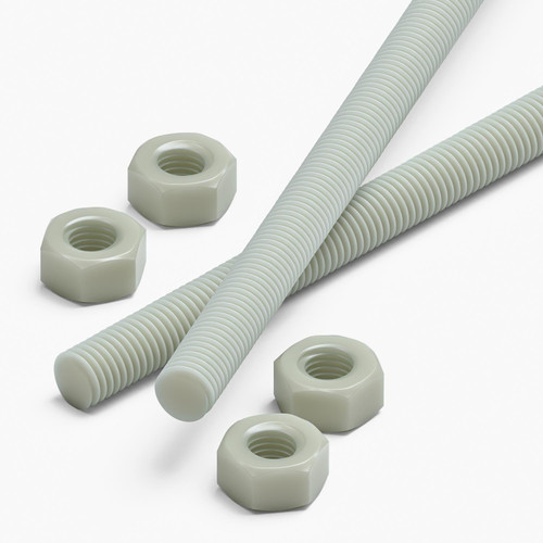 2x Natural Nylon PA66+GF M8 x 1000mm Threaded Rods, Studding + 4 Nuts