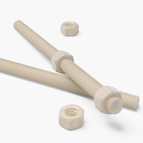 2x Natural Nylon PA66 M12 x 200mm Threaded Rods, Plastic Studding + 4 Nuts
