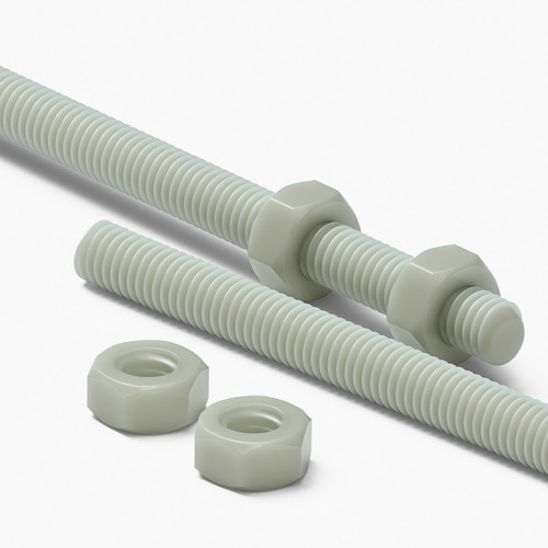2x Natural Nylon PA66+GF M6 x 1000 mm Threaded Rods, Studding + 4 Nuts
