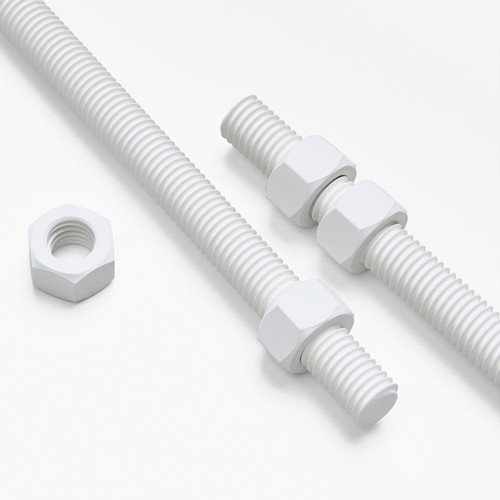 2x White Polypropylene (PP) M12 x 1000mm Threaded Rods, Studding + 4 Nuts