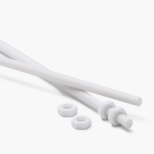 2x White PTFE M3 x 1000mm Threaded Rods, Plastic Studding + 4 Nuts
