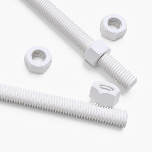 2x White PTFE M12 x 1000mm Threaded Rods, Plastic Studding + 4 Nuts