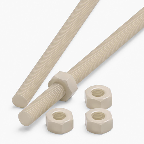 2x Natural Nylon PA66 M8 x 500mm Threaded Rods, Plastic Studding + 4 Nuts