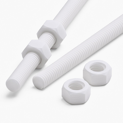 2x White PTFE M5 x 500mm Threaded Rods, Plastic Studding + 4 Nuts