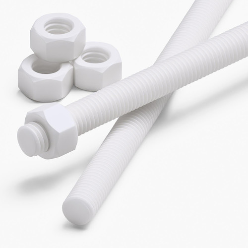 2x White PP M12 x 200 mm Threaded Rods - Short Larger PP Threaded Bars + 4 Nuts