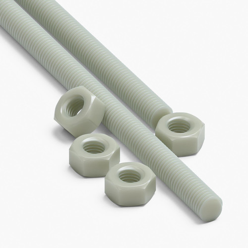 2x Natural Nylon PA66+GF M8 x 200mm Threaded Rods, Studding + 4 Nuts