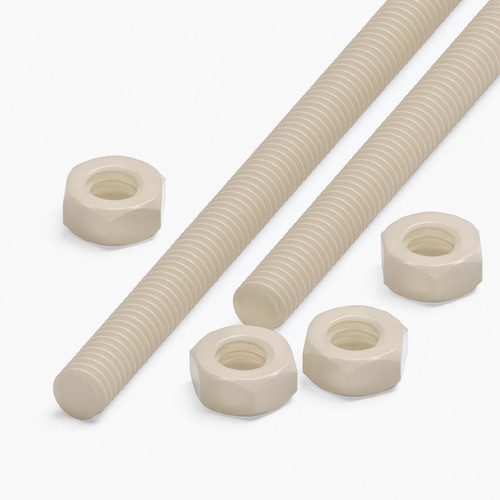 2x Natural Nylon PA66 M4 x 500mm Threaded Rods, Plastic Studding + 4 Nuts