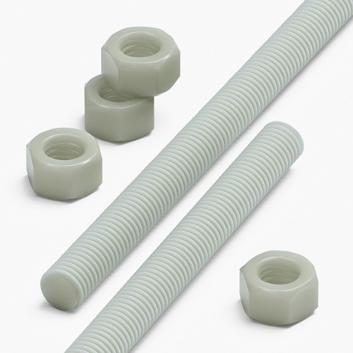 2x Natural Nylon PA66+GF M12 x 1000mm Threaded Rods, Studding + 4 Nuts