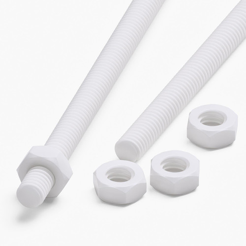 2x White PTFE M4 x 500 mm Threaded Rods, Plastic Studding + 4 Nuts