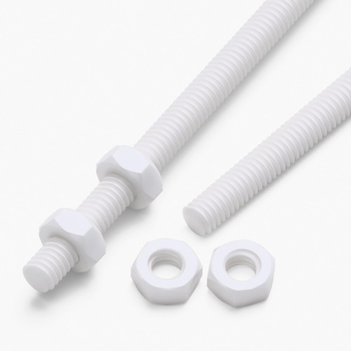 2x White PTFE M4 x 200mm Threaded Rods, Plastic Studding + 4 Nuts