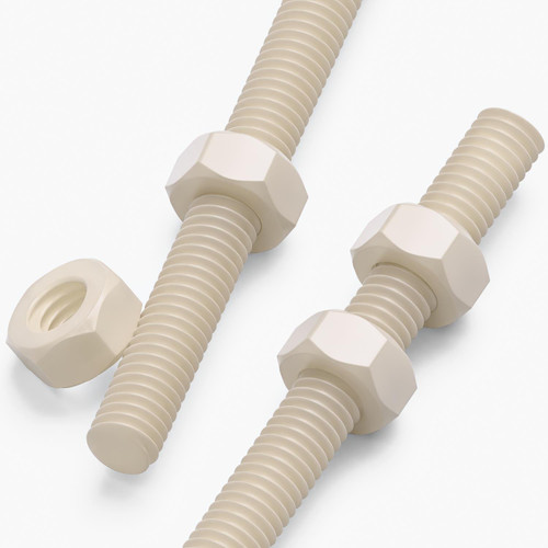 2x Natural Nylon PA66 M6 x 200mm Threaded Rods, Plastic Studding + 4 Nuts