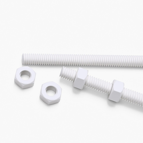 2x White PTFE M6 x 1000mm Threaded Rods, Plastic Studding + 4 Nuts