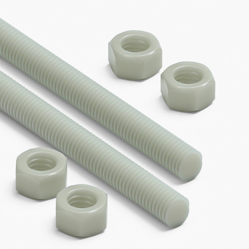2x Natural Nylon PA66+GF M12 x 200mm Threaded Rods, Studding + 4 Nuts