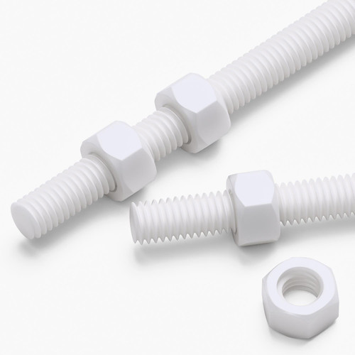 2x White PTFE M5 x 200mm Threaded Rods, Plastic Studding + 4 Nuts