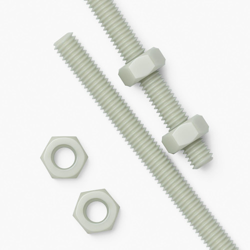 2x Natural Nylon PA66+GF M6 x 500mm Threaded Rods, Studding + 4 Nuts
