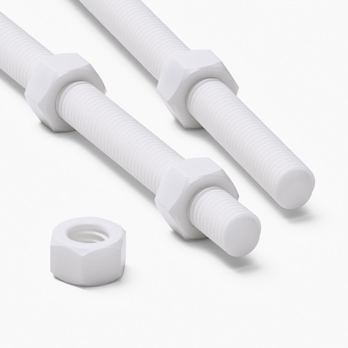 2x White PTFE M12 x 200 mm Threaded Rods - Short Plastic Studding + 4 Nuts