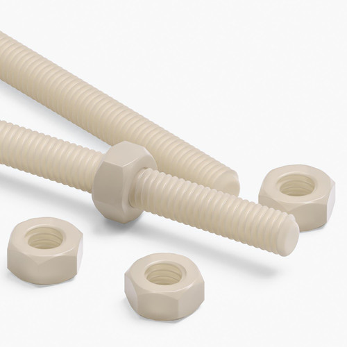 2x Natural Nylon PA66 M6 x 500mm Threaded Rods, Plastic Studding + 4 Nuts
