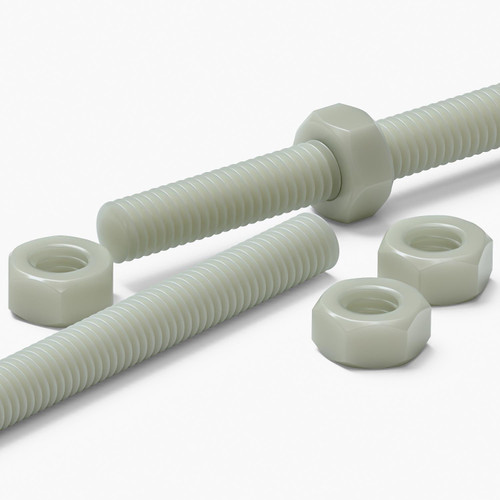 2x Natural Nylon PA66+GF M6 x 300 mm Threaded Rods, Studding + 4 Nuts