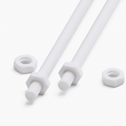 2x White PTFE M3 x 300 mm Threaded Rods, Plastic Studding + 4 Nuts