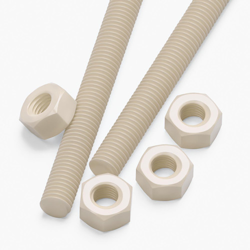 2x Natural Nylon PA66 M8 x 300 mm Threaded Rods, Plastic Studding + 4 Nuts