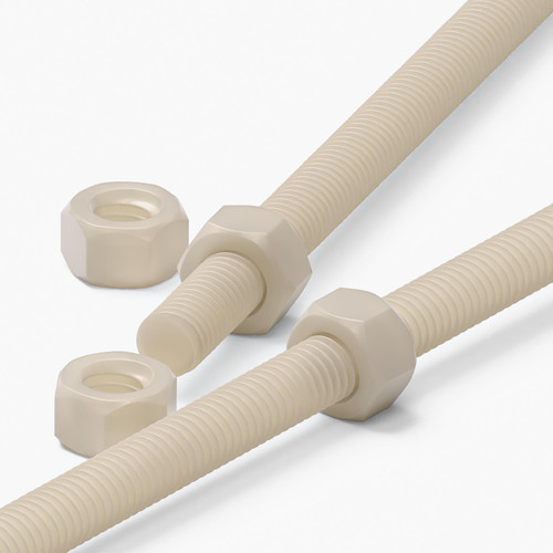 2x Natural Nylon PA66 M5 x 300mm Threaded Rods, Plastic Studding + 4 Nuts