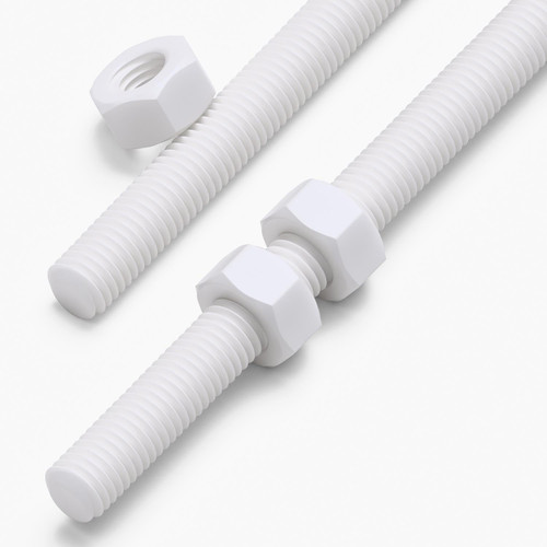 2x White PTFE M8 x 300mm Threaded Rods, Plastic Studding + 4 Nuts