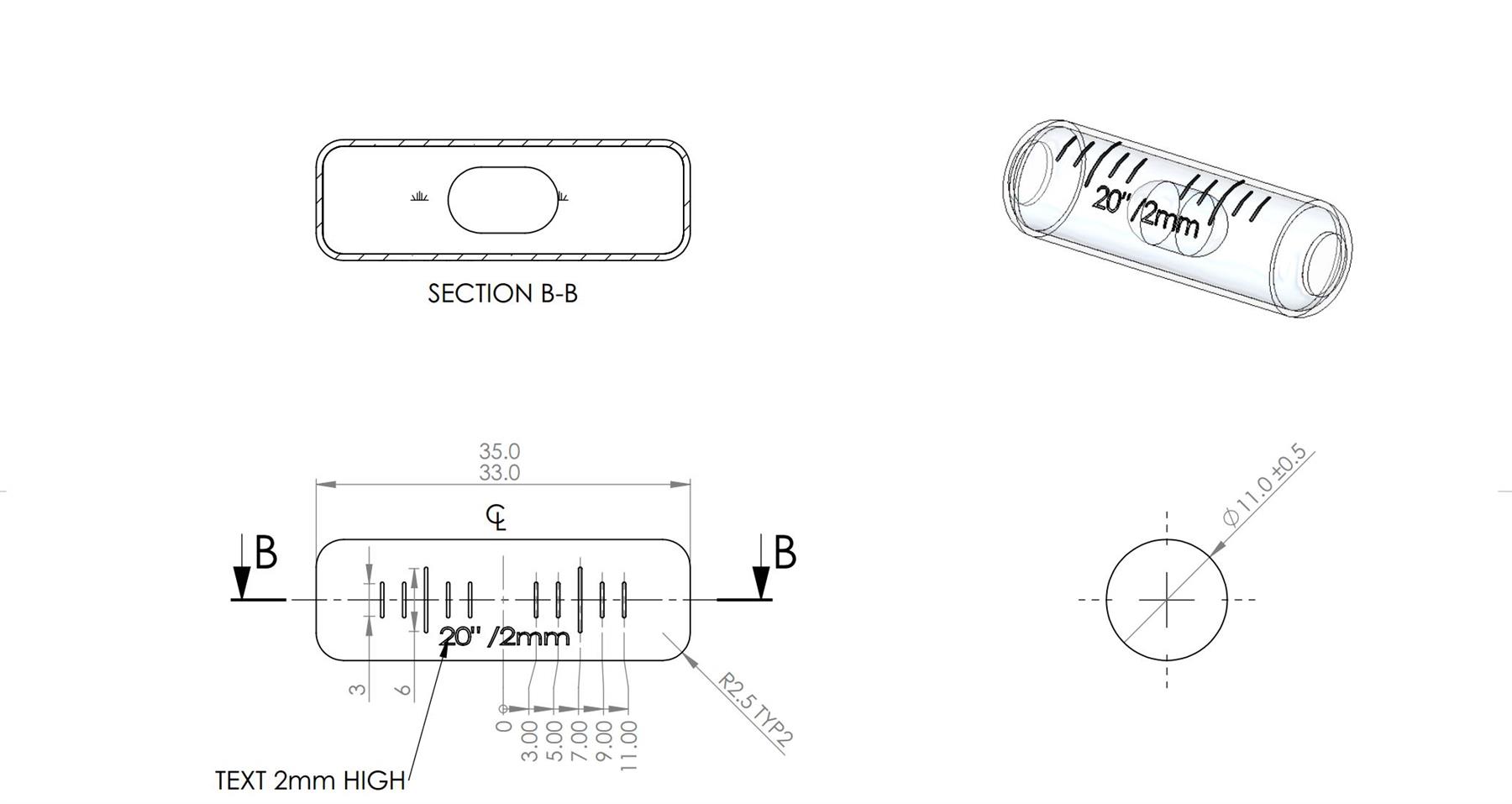 Replacement Level Glass Vial, Spirit Bubble Level, With Nib, 35 mm x 11 mm