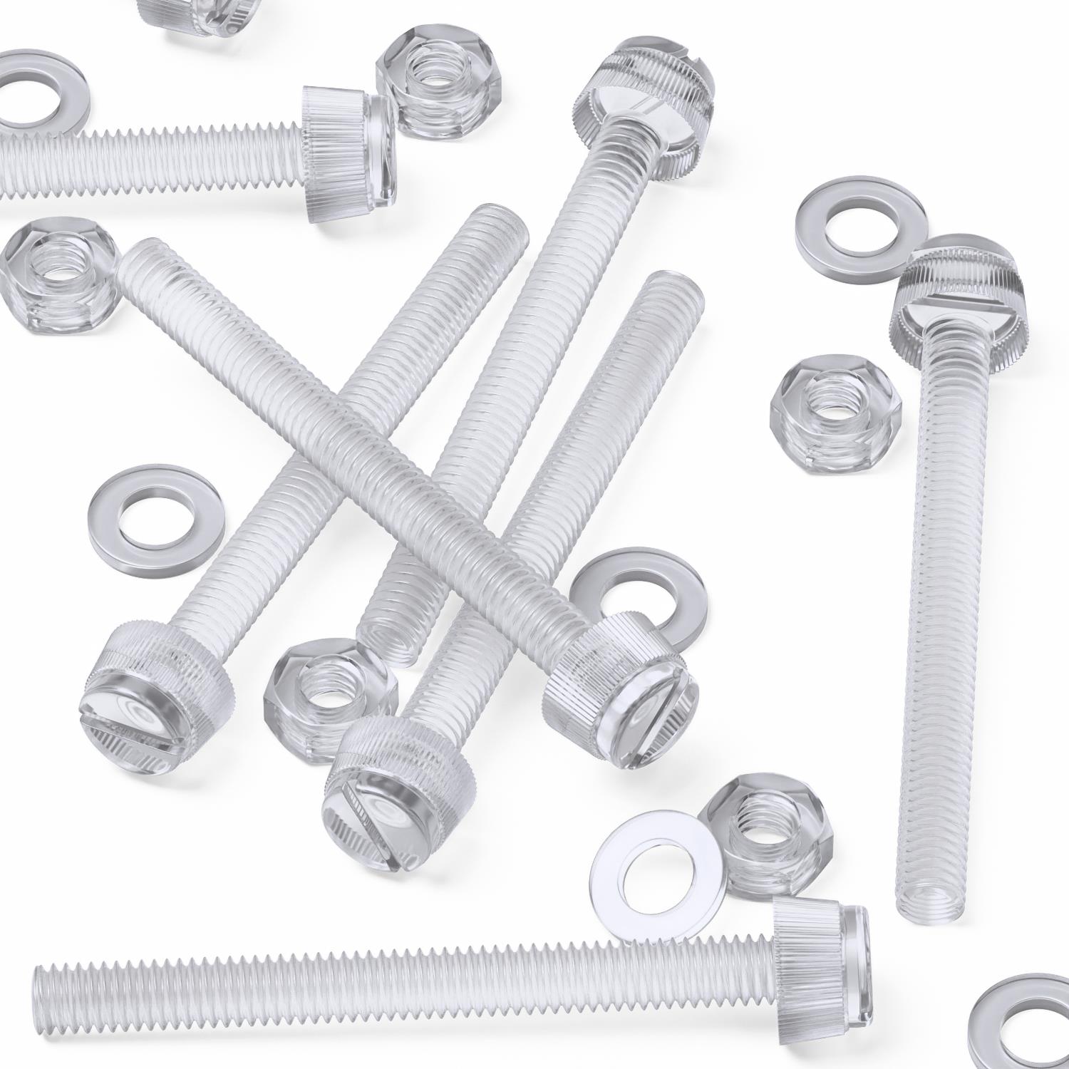 60x Clear Acrylic Slotted Knurled Thumbscrews M6 x 60 mm, Nuts & Washers