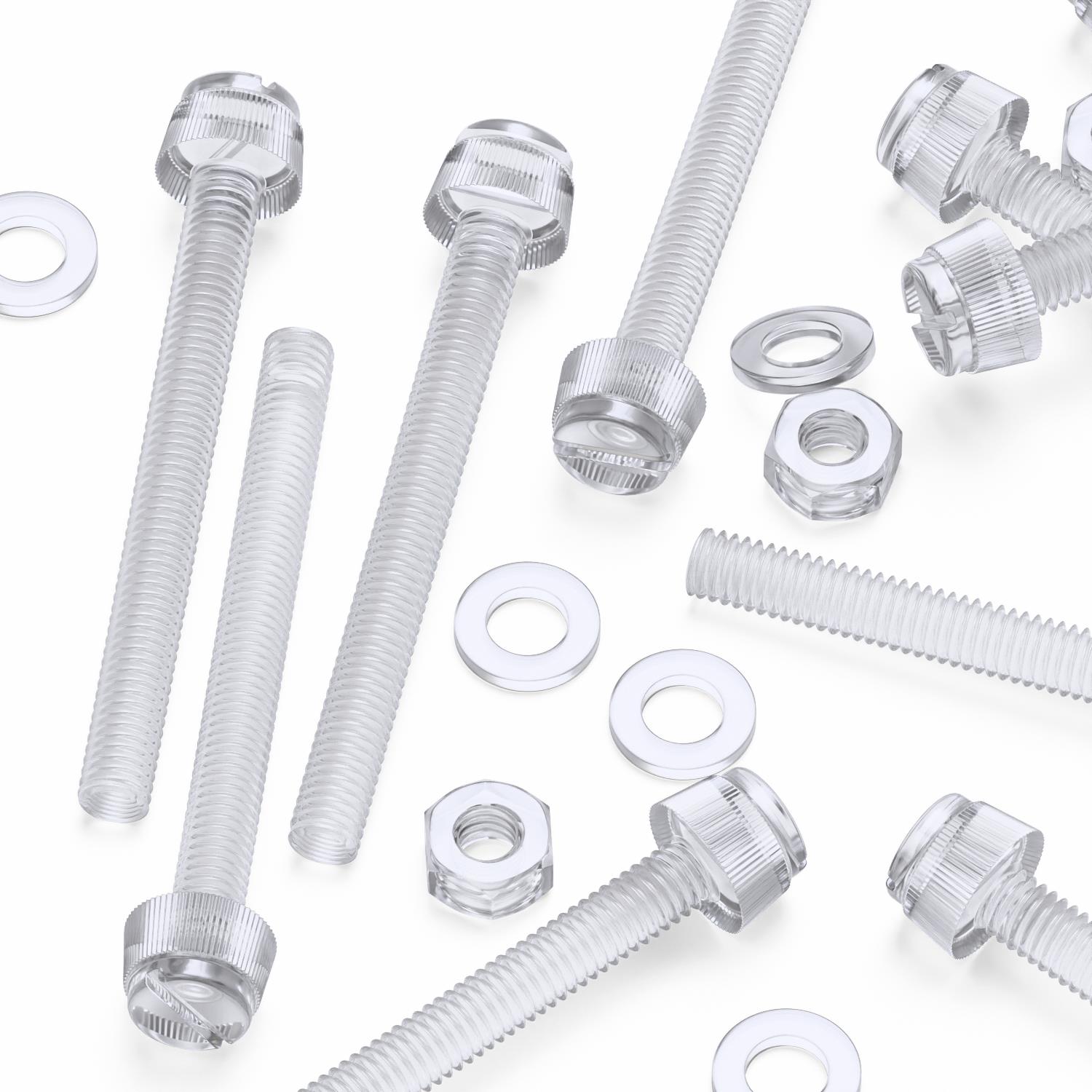 60x Clear Acrylic Slotted Knurled Thumbscrews M6 x 60 mm, Nuts & Washers