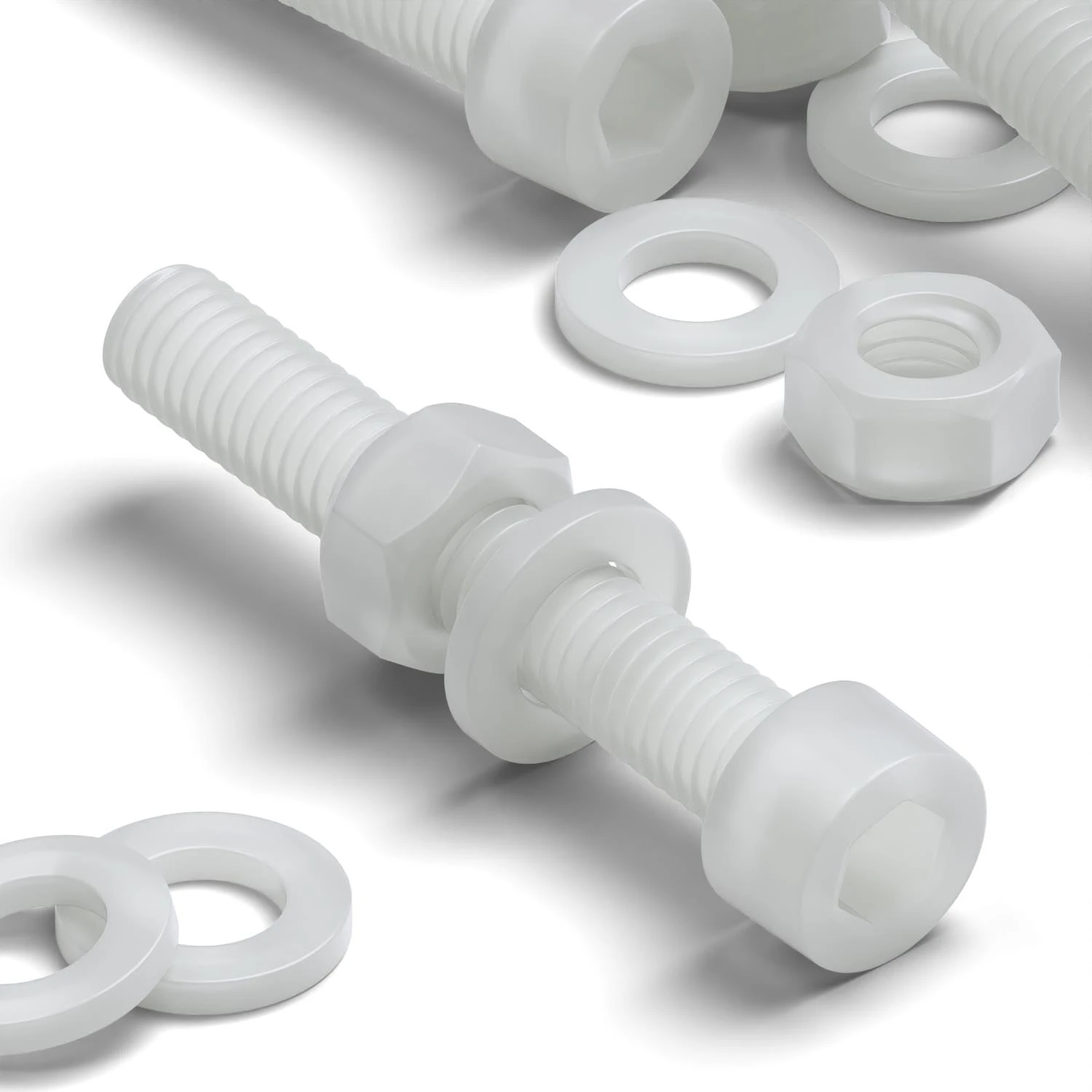 10x Natural PVDF Socket Head Machine Screws M6 x 40 mm, Nuts & Washers