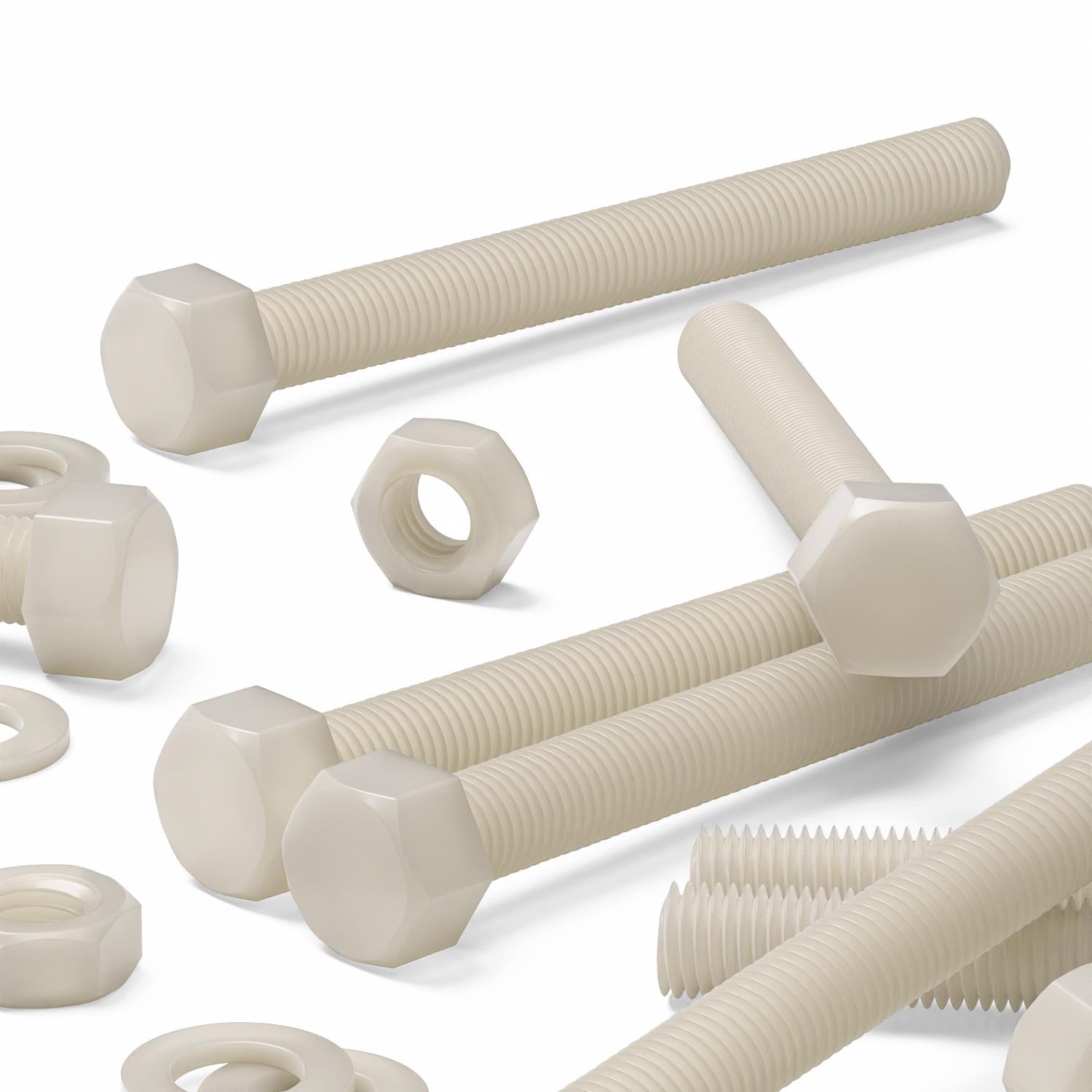 5x Natural Nylon Hex Head Screws & Bolts M16 x 150 mm, Nuts & Washers