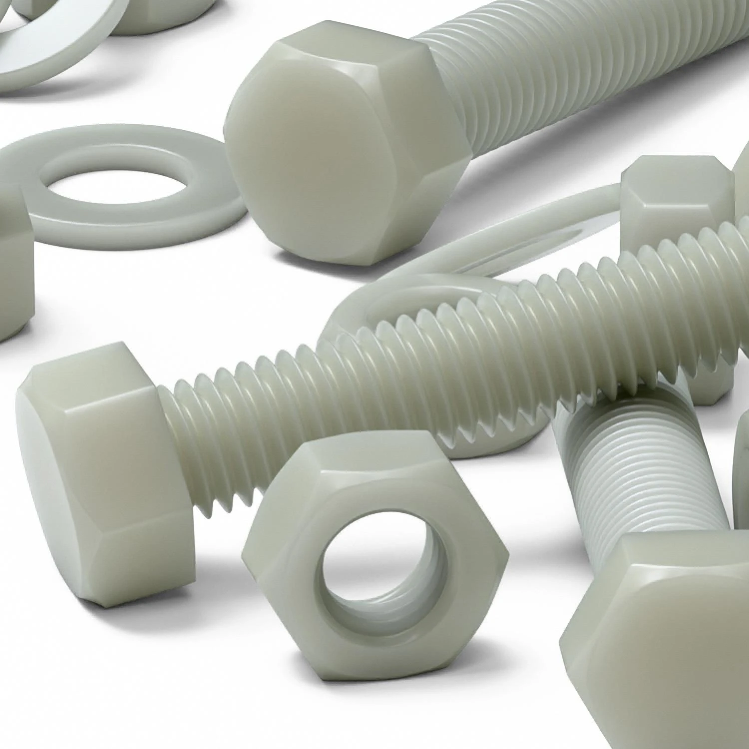 10x Natural Glass Filled Nylon Hex Head Screws M10 x 50 mm, Nuts & Washers