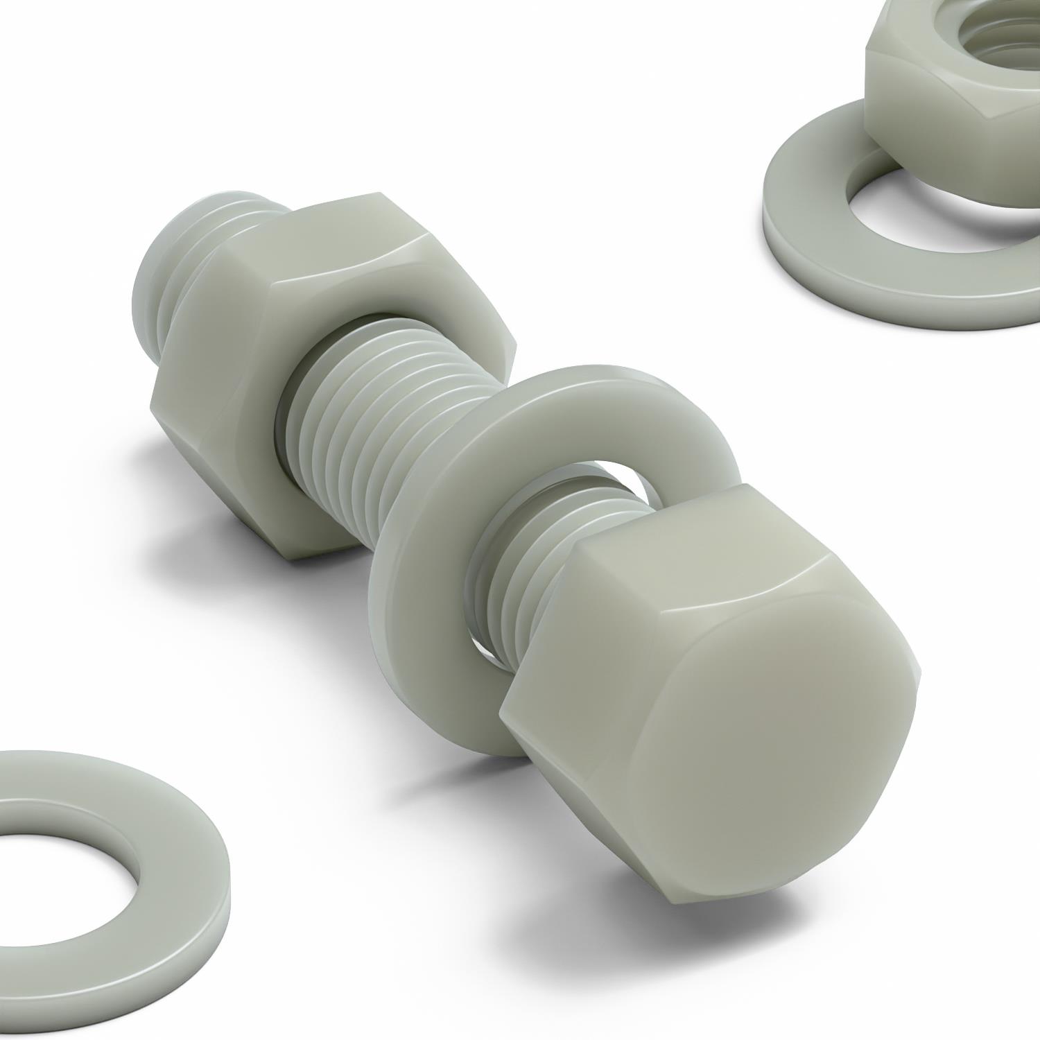 5x Natural Glass Filled Nylon Hex Head Screws M16 x 65 mm, Nuts & Washers