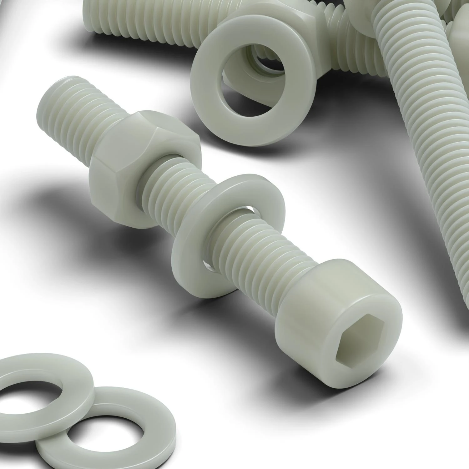 10x Glass Filled Nylon Socket Head Screws M10 x 50 mm, Nuts & Washers