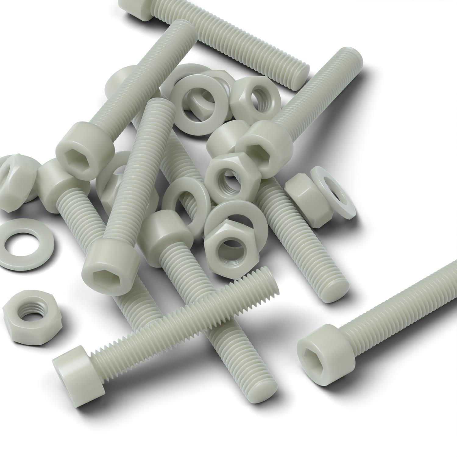 10x Glass Filled Nylon Socket Head Screws M10 x 50 mm, Nuts & Washers